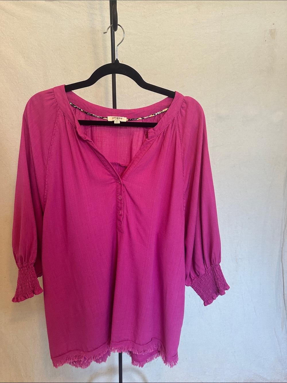 Umgee Fuchsia Linen Blend Oversized Tunic Top 3/4 Sleeve Medium